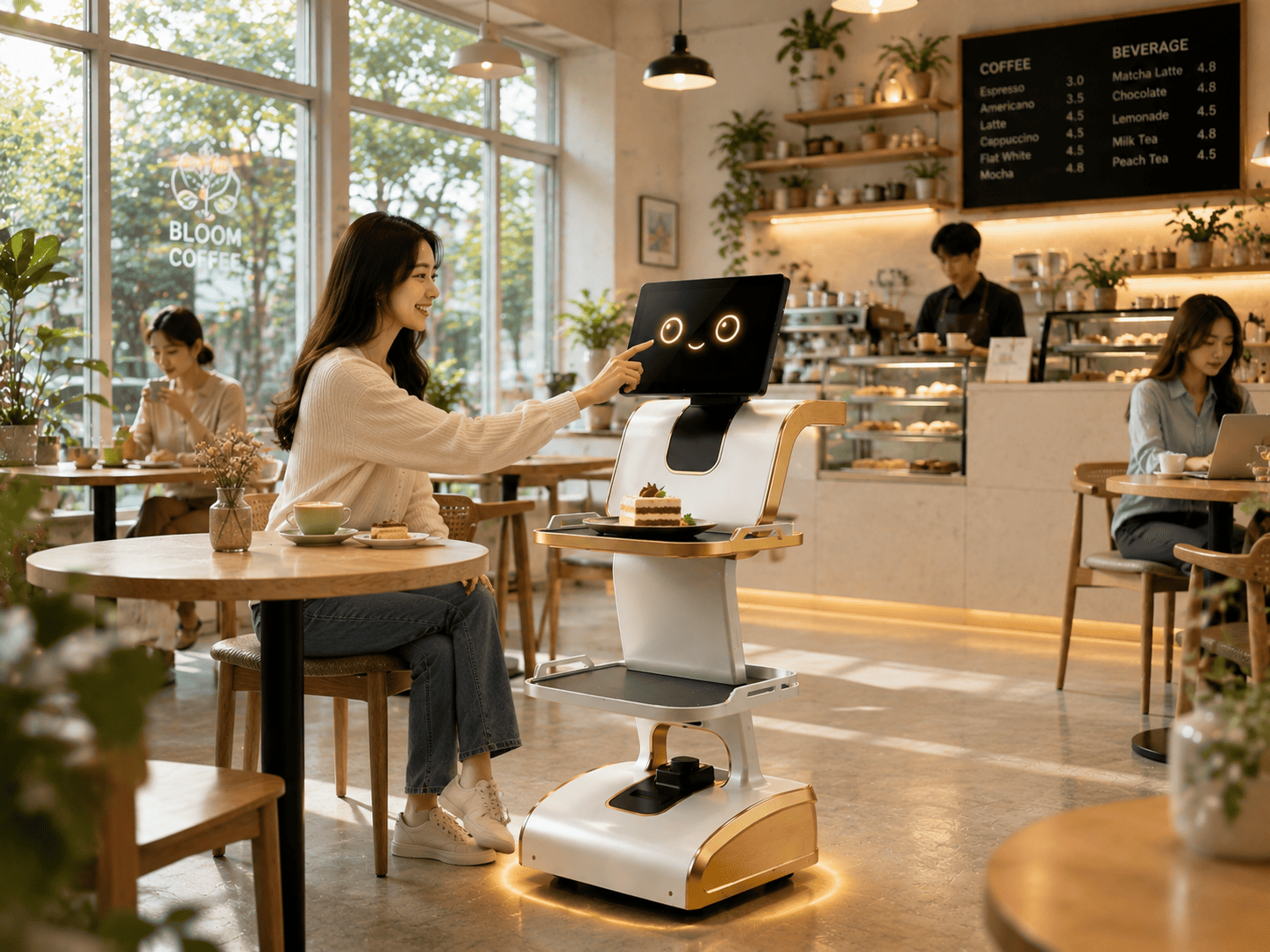 Robot phục vụ quán cafe hỗ trợ các công việc trong quán như mang đồ uống, dẫn khách đến bàn, thu dọn ly tách hoặc giao tiếp cơ bản