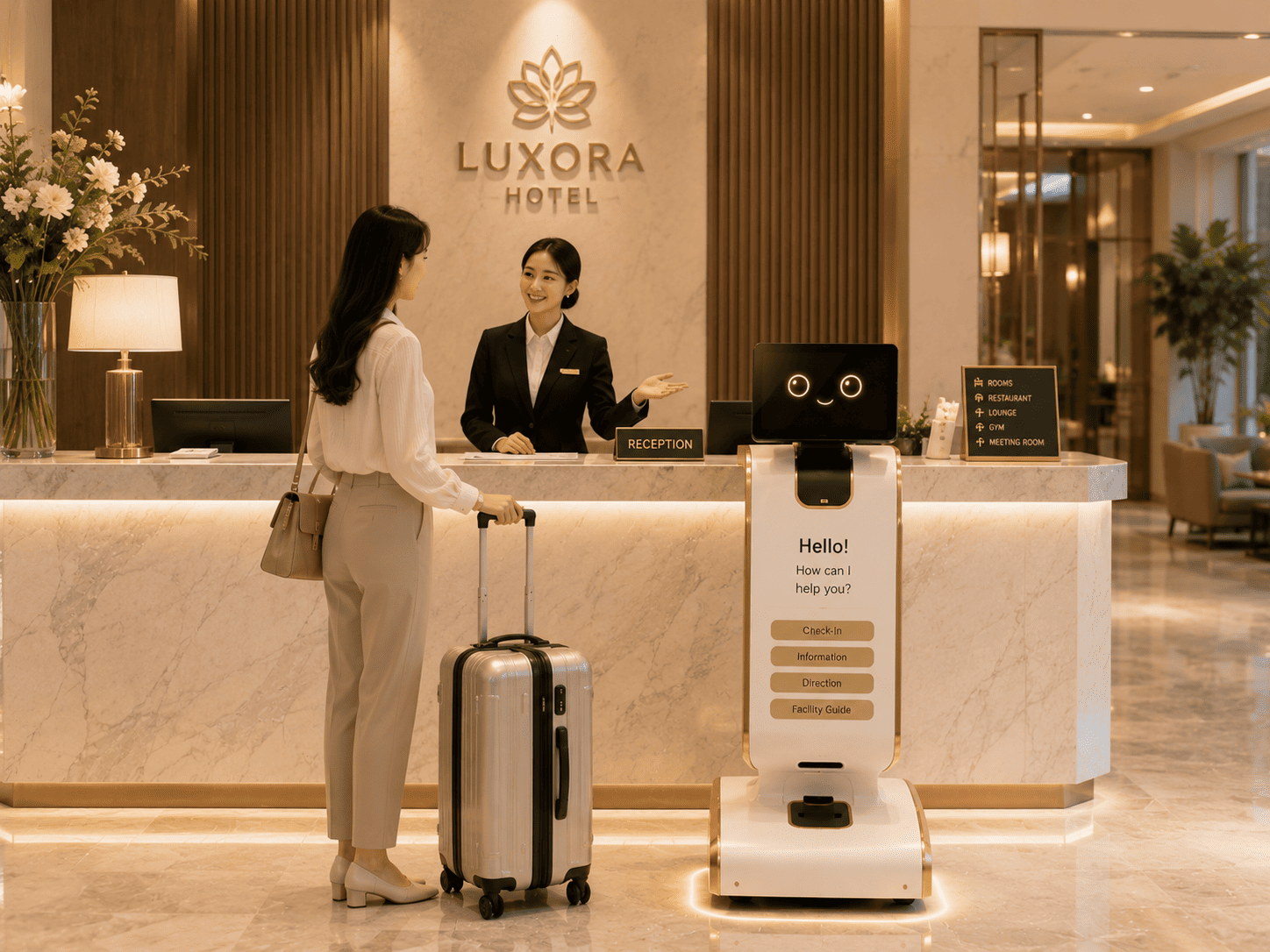 Robot lễ tân hỗ trợ hoạt động tiếp đón khách hàng tại doanh nghiệp, khách sạn, bệnh viện, trung tâm thương mại,